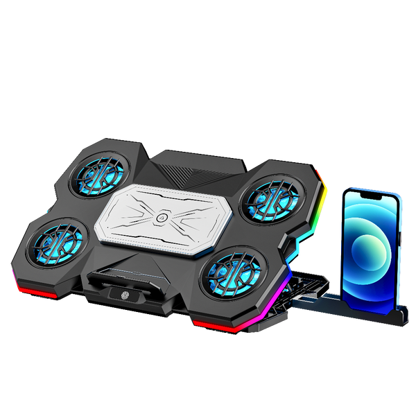 iDock Portable Folding 5 Level Heights Adjustable 5 Fans Laptop Semiconductor Cooling Pad with 10 RGB Light and Phone Stand