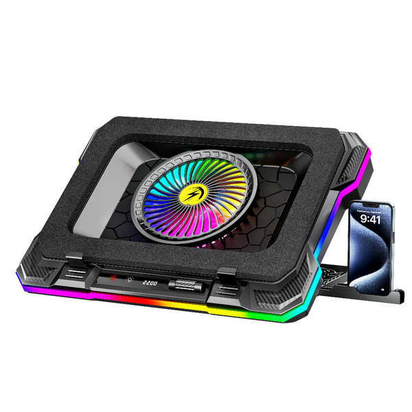 iDock Portable Folding 9 Level Heights Adjustable One Fan Laptop Cooling Pad with 10 RGB Lights and Phone Stand