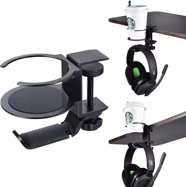 iDock Universal Foldable Aluminum Under Desk Gaming Headphone Hook Headset Clamp Holder Stand with Cup Holder