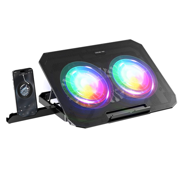 iDock Portable Folding 8 Level Heights Adjustable 2 Fans Laptop Cooling Pad with Colorful Lights Metal Laptop Cooler with Phone Stand