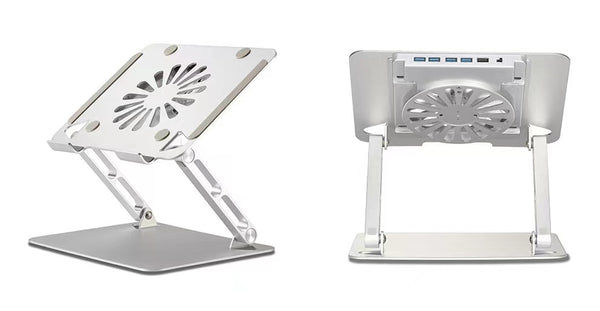 Soporte elevador para computadora portátil plegable, portátil, ajustable en múltiples ángulos y de altura ergonómica con ventilador y concentrador USB 3.0